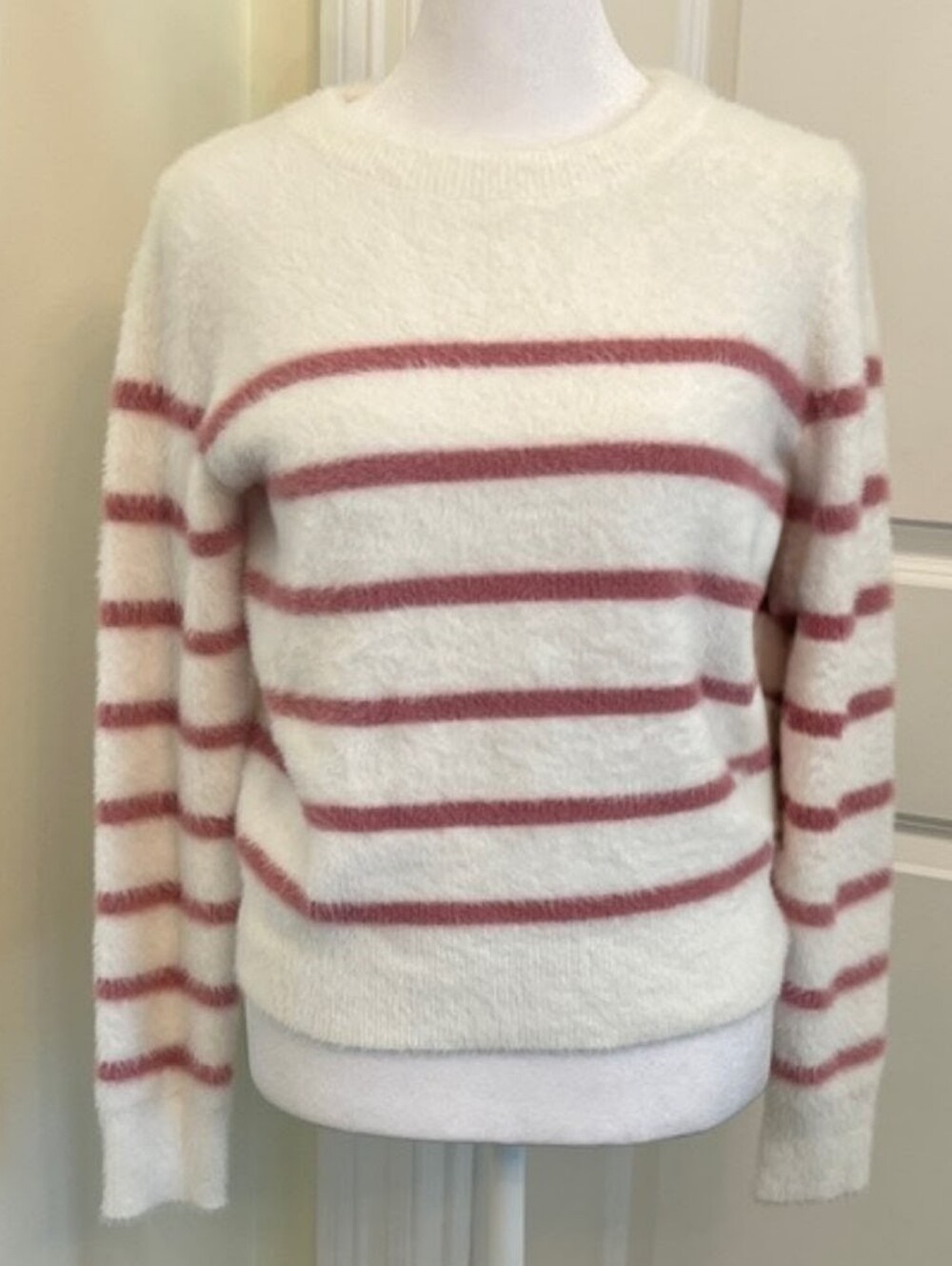 Bailey 44 Eyelash Fuzzy White and Pink Striped Super Soft Sweater, Medium